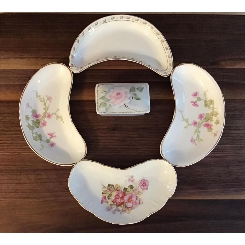 VTG Bone China Floral Trinket Dishes & Forget Me Not Box Set Shabby Chic Boho
